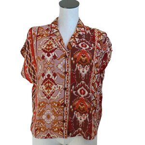 Cupcakes & Cashmere Top Ikat Aztec Print Short Sleeve Camp Shirt Womens Medium